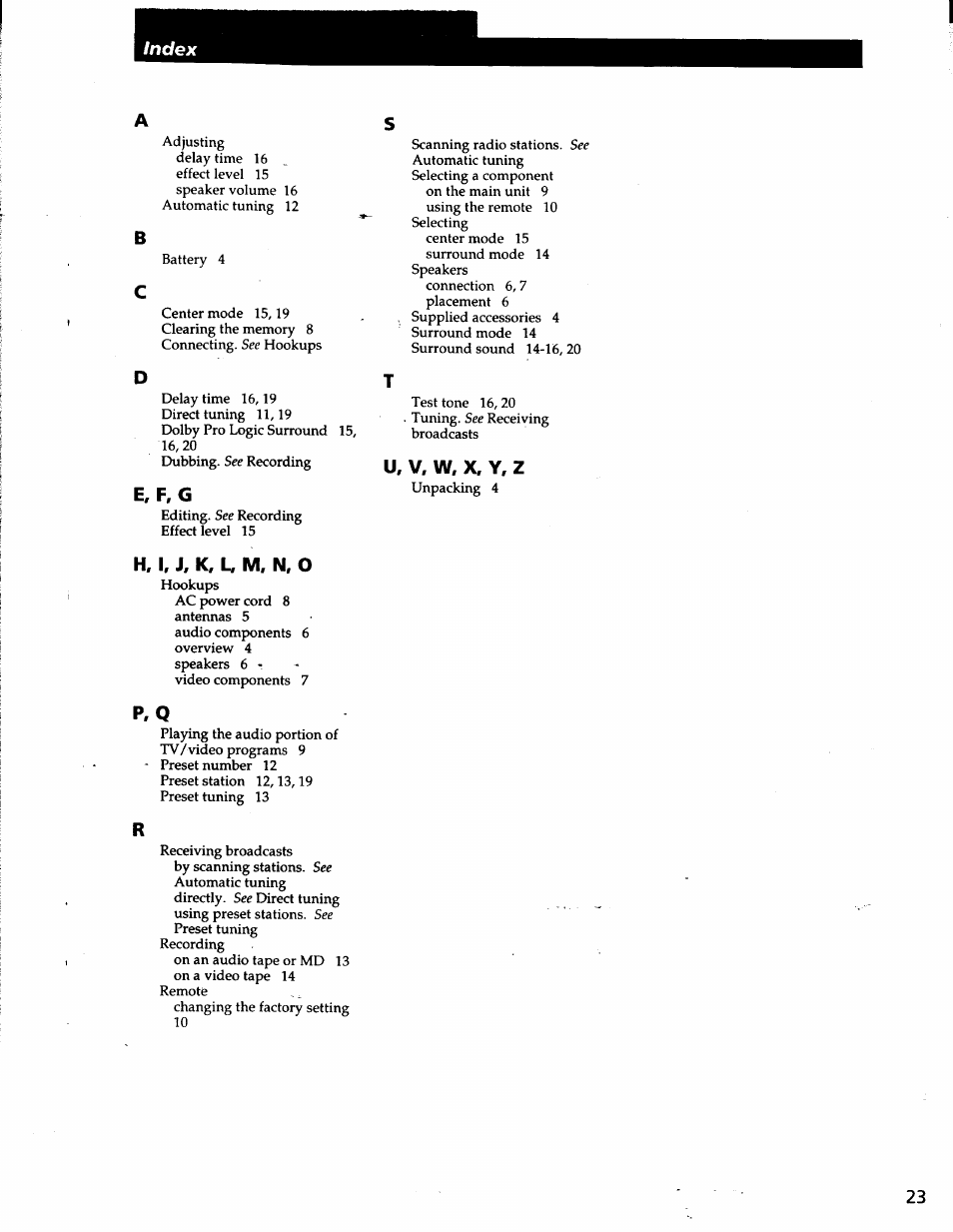 E, f,g, H, i, j, k, u m, n, o, U, v, w, x, y, z | Sony STR-V200 User Manual | Page 22 / 23