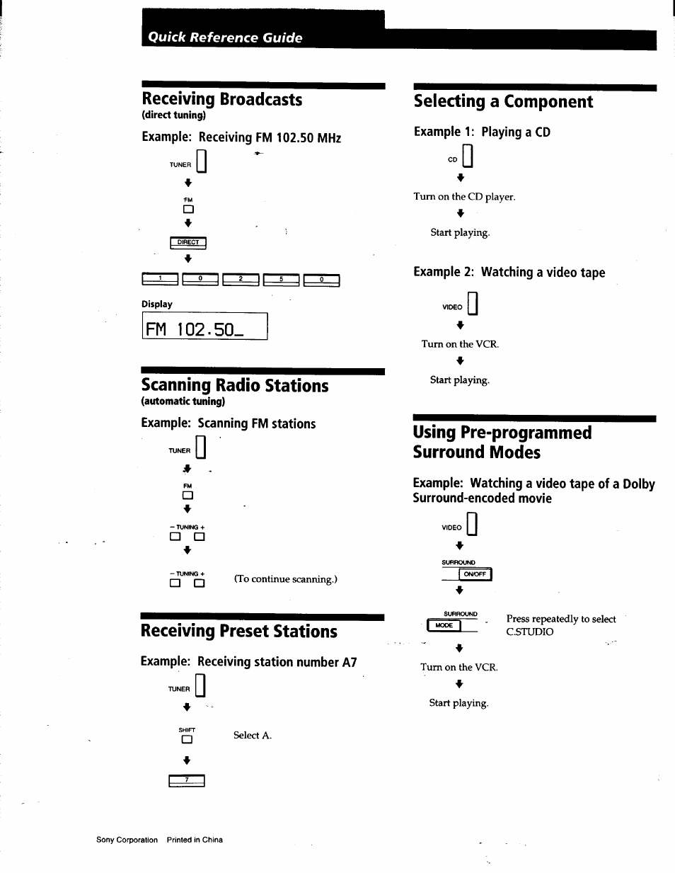 Receiving broadcasts, Scanning radio stations, Selecting a component | Using pre-programmed surround modes, Receiving preset stations | Sony STR-V200 User Manual | Page 23 / 23