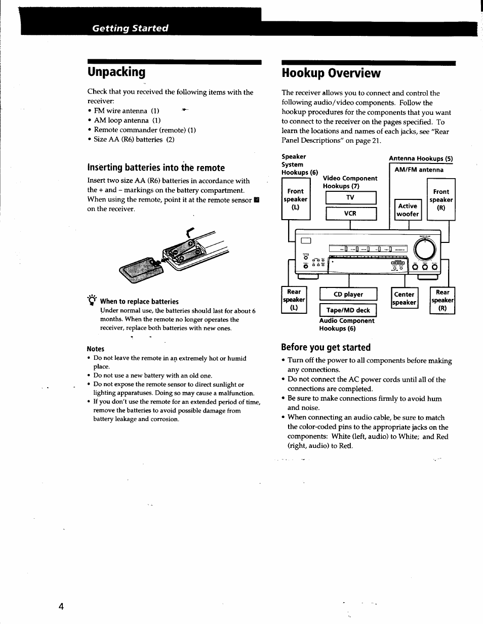 Inserting batteries into the remote, Notes, Hookup overview | Before you get started, Unpacking, Getting started | Sony STR-V200 User Manual | Page 3 / 23