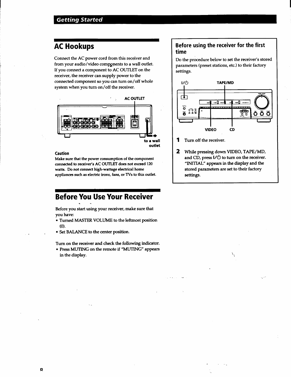 Ac hookups, Caution, Before you use your receiver | Getting started | Sony STR-V200 User Manual | Page 7 / 23