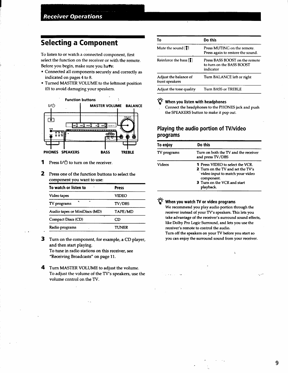 Selecting a component, Q' when you watch tv or video programs, Receiver operations | Sony STR-V200 User Manual | Page 8 / 23