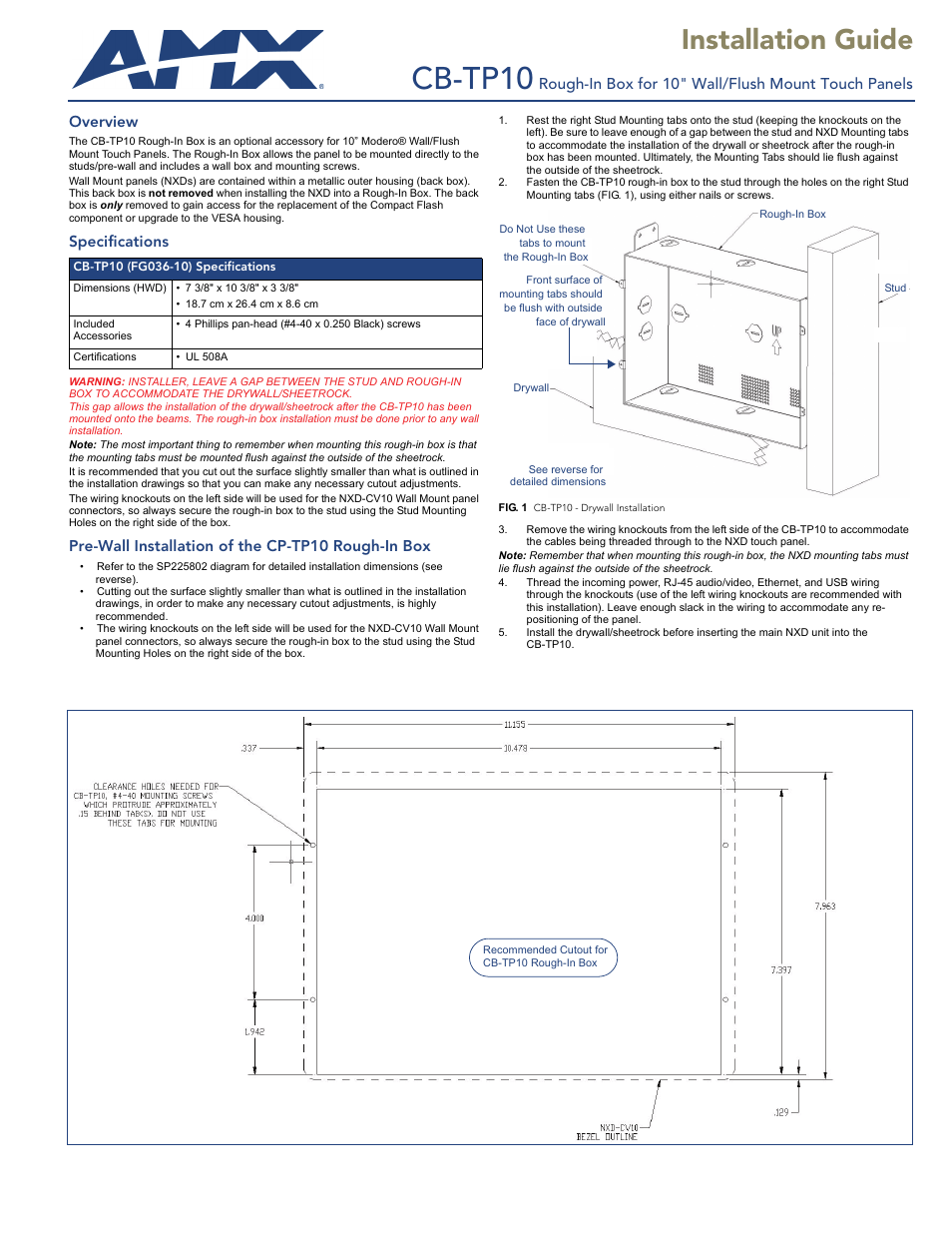 AMX Rough-In Box CB-TP10 User Manual | 2 pages