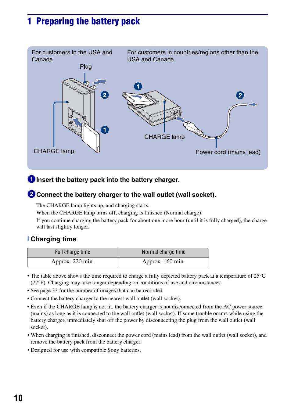 1 preparing the battery pack | Sony DSC-T300 User Manual | Page 10 / 76