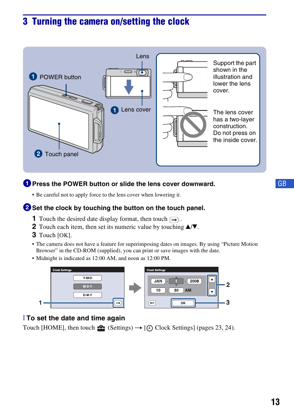 3 turning the camera on/setting the clock | Sony DSC-T300 User Manual | Page 13 / 76