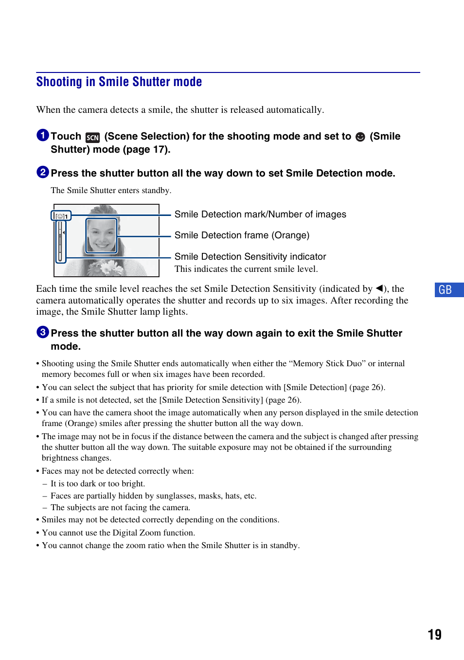 Shooting in smile shutter mode | Sony DSC-T300 User Manual | Page 19 / 76