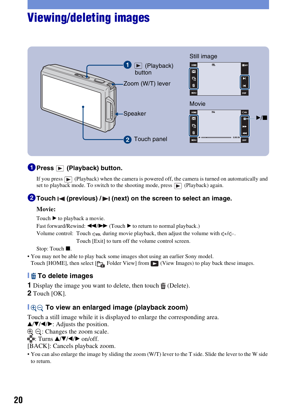 Viewing/deleting images | Sony DSC-T300 User Manual | Page 20 / 76