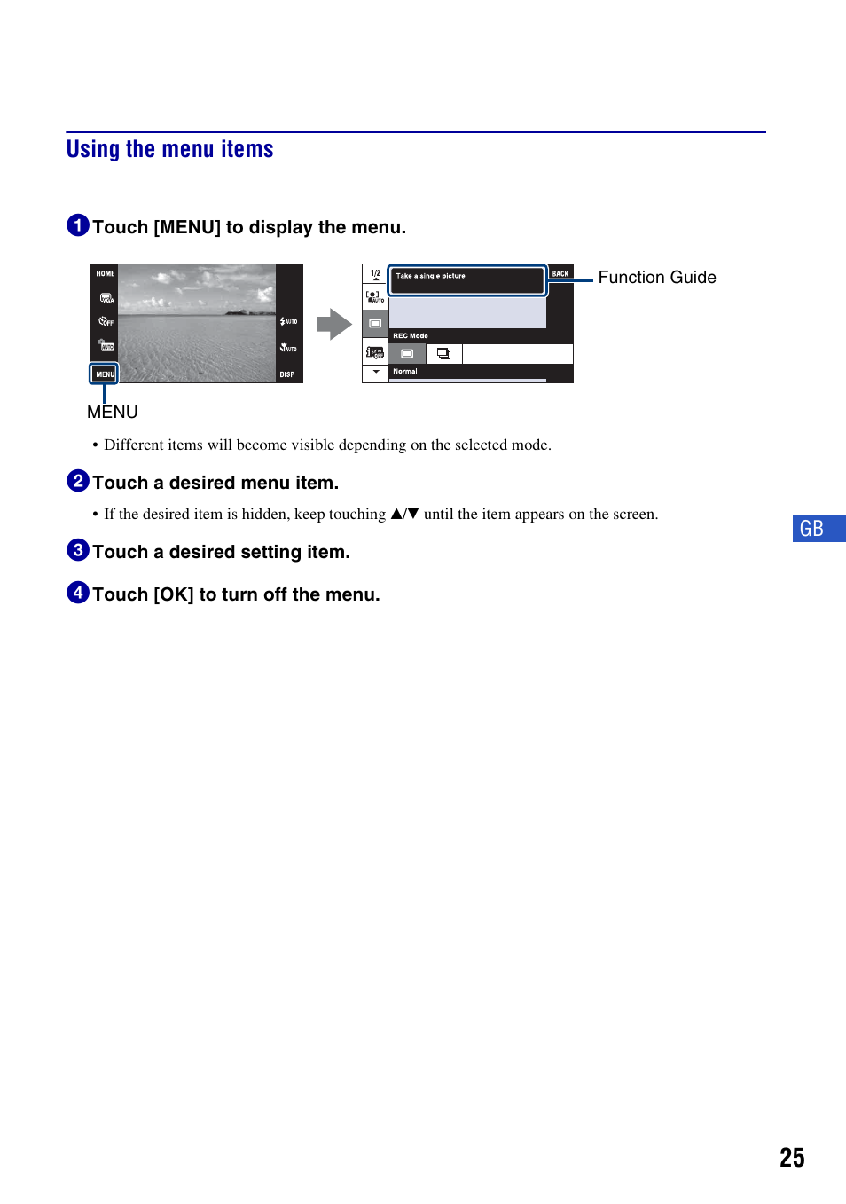 Using the menu items, Using the menu items 1 | Sony DSC-T300 User Manual | Page 25 / 76