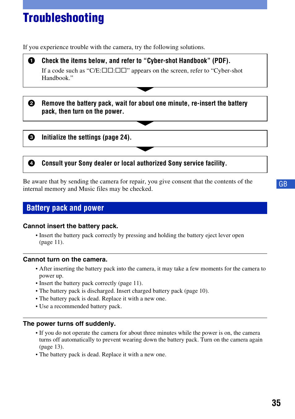 Troubleshooting, Battery pack and power | Sony DSC-T300 User Manual | Page 35 / 76