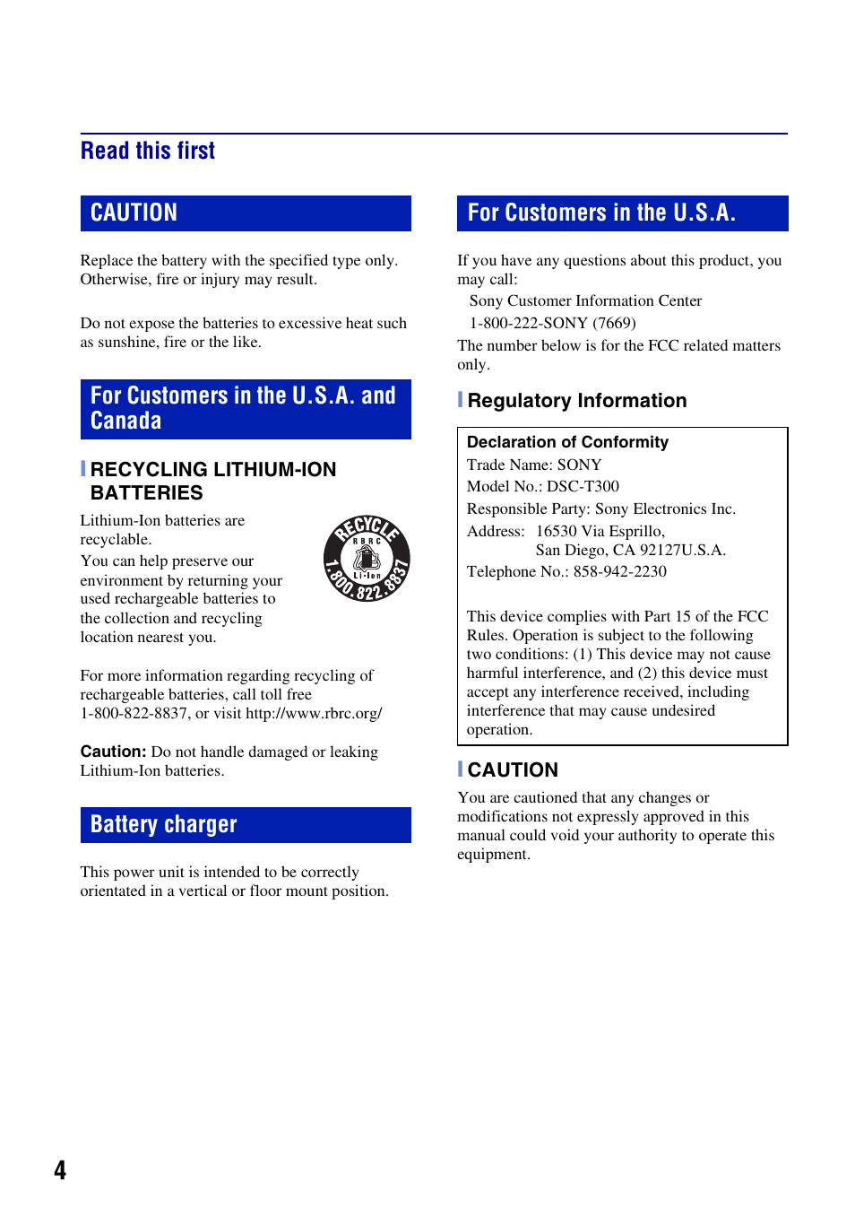 Read this first | Sony DSC-T300 User Manual | Page 4 / 76