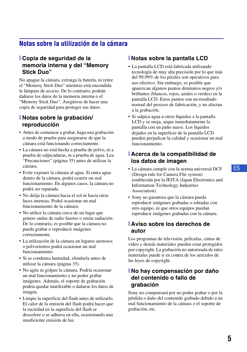 Notas sobre la utilización de la cámara | Sony DSC-T300 User Manual | Page 43 / 76