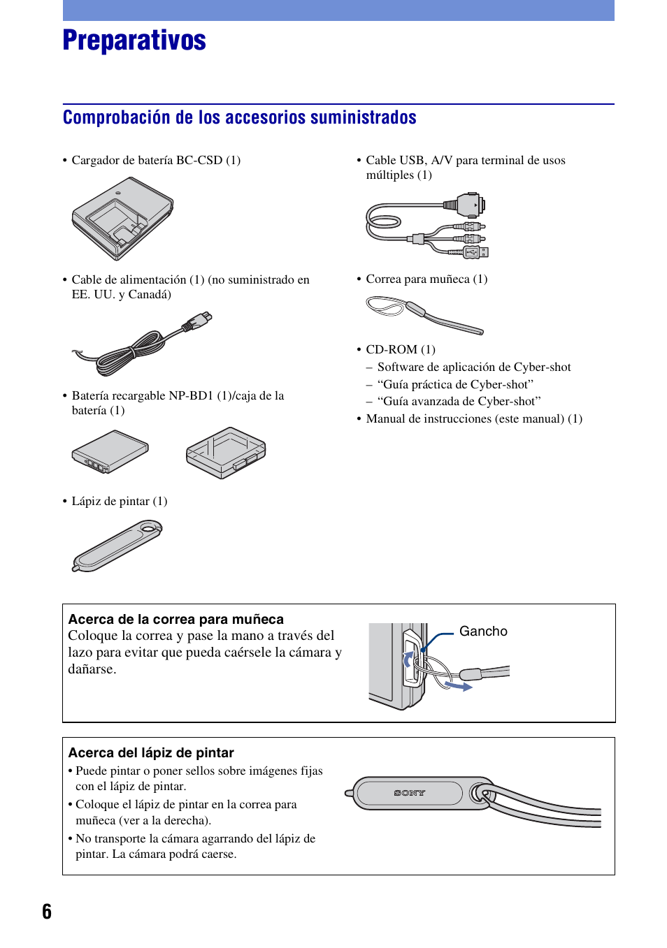 Preparativos, Comprobación de los accesorios suministrados | Sony DSC-T300 User Manual | Page 44 / 76