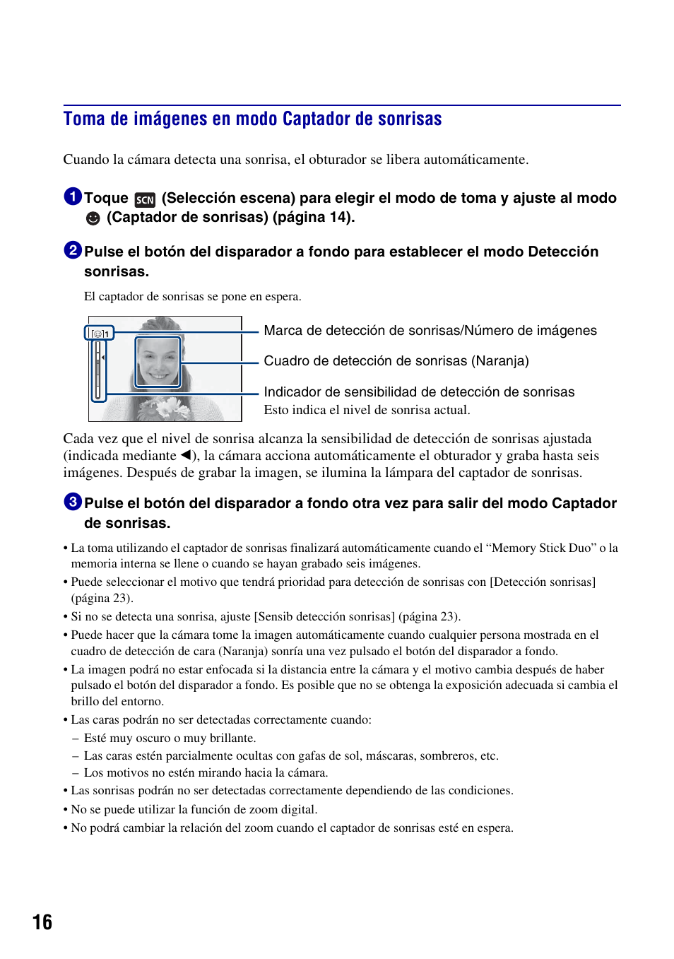 Toma de imágenes en modo captador de sonrisas | Sony DSC-T300 User Manual | Page 54 / 76