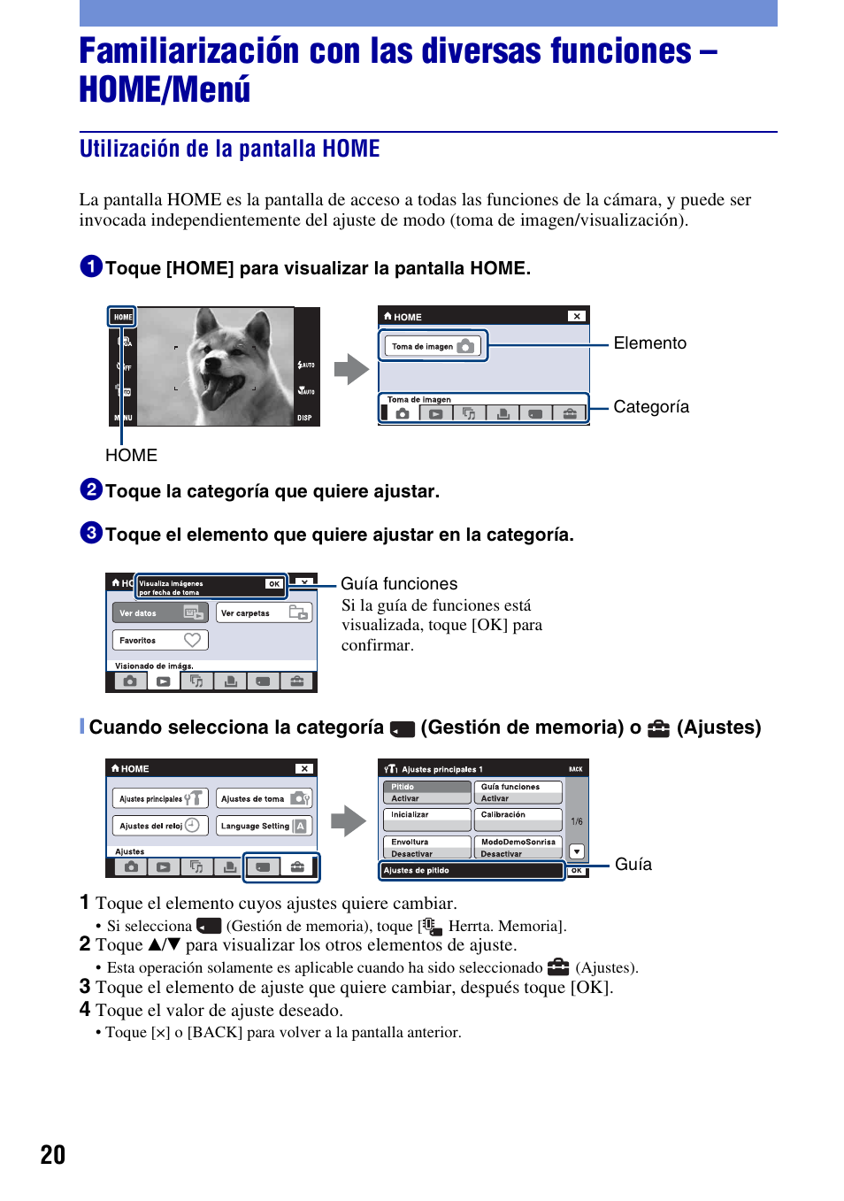 Utilización de la pantalla home | Sony DSC-T300 User Manual | Page 58 / 76