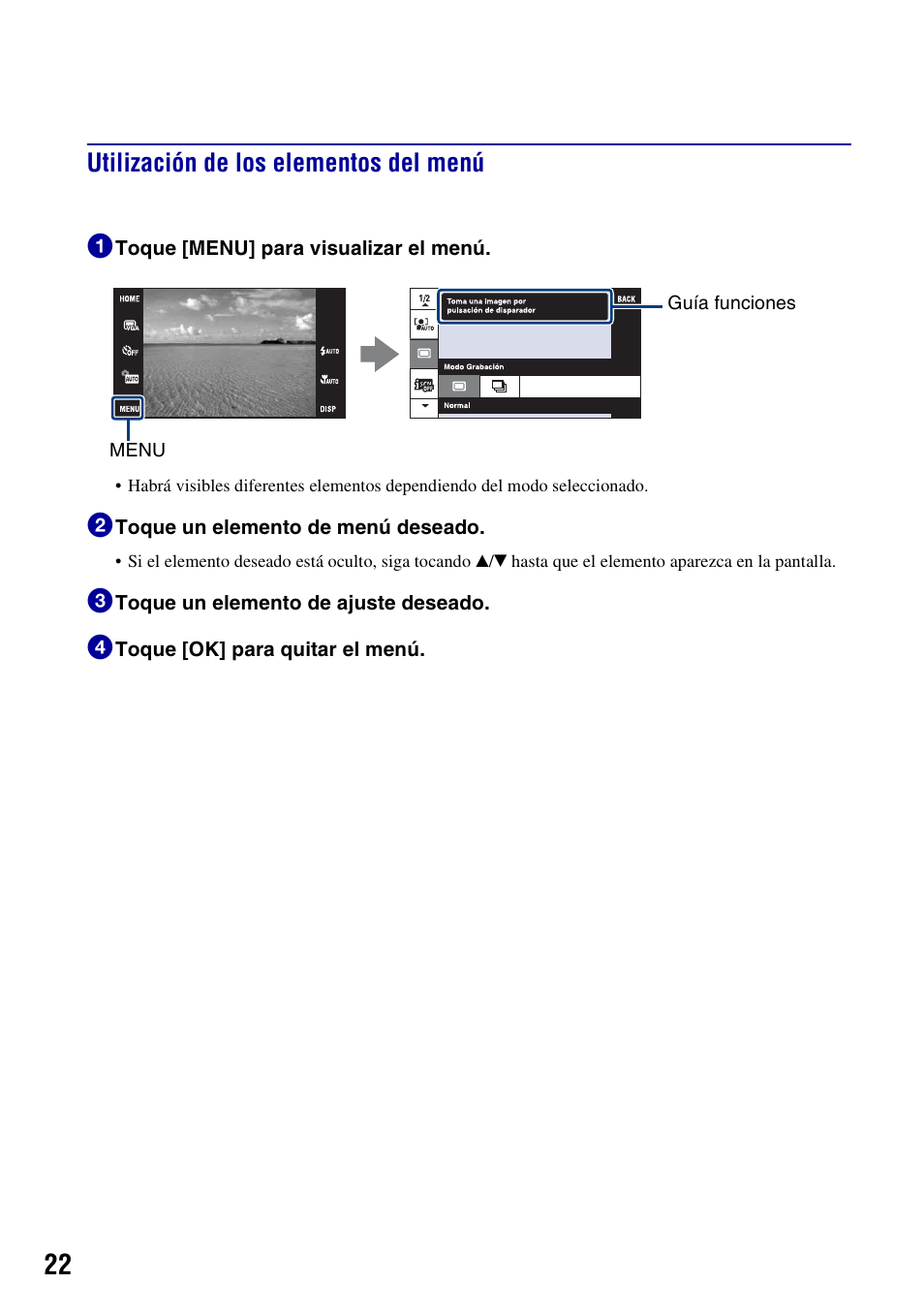 Utilización de los elementos del menú, Utilización de los elementos del menú 1 | Sony DSC-T300 User Manual | Page 60 / 76