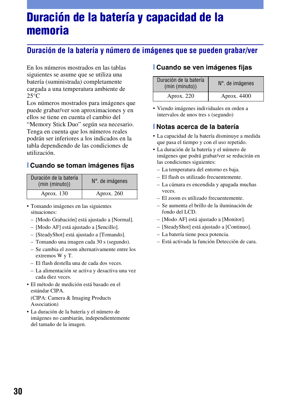 Duración de la batería y capacidad de la memoria | Sony DSC-T300 User Manual | Page 68 / 76