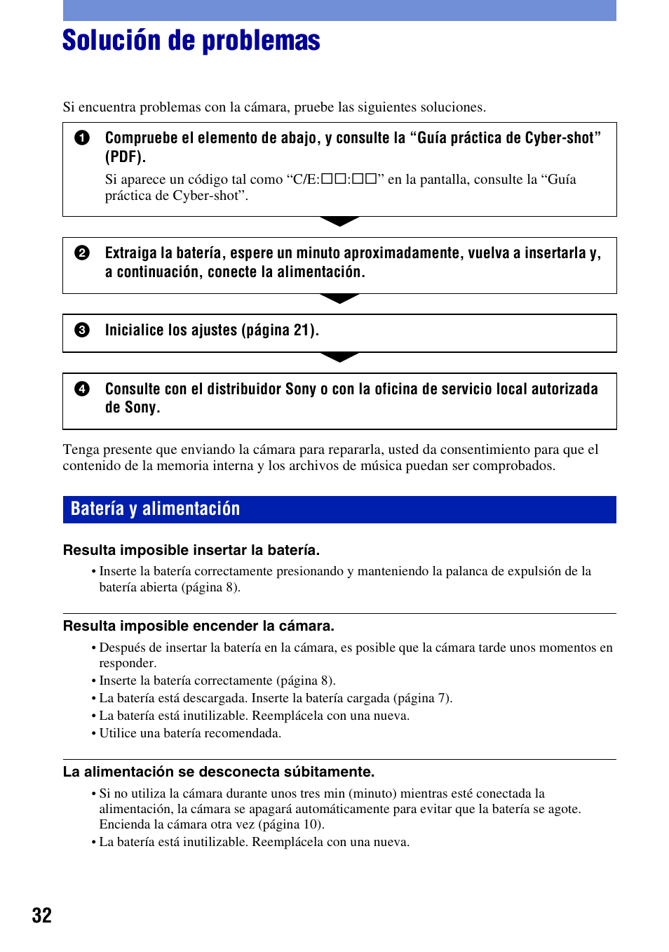 Solución de problemas, Batería y alimentación | Sony DSC-T300 User Manual | Page 70 / 76