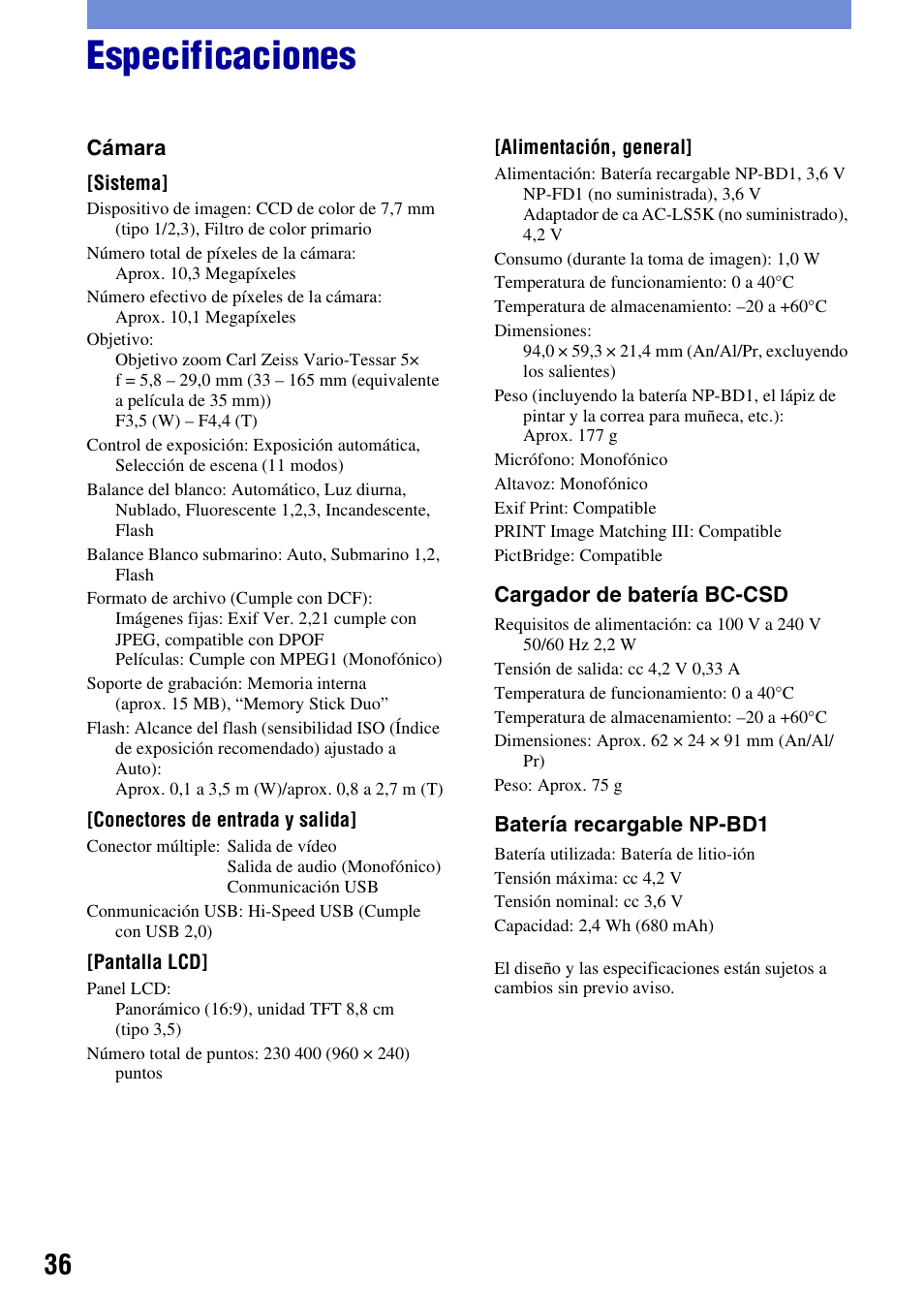 Especificaciones | Sony DSC-T300 User Manual | Page 74 / 76