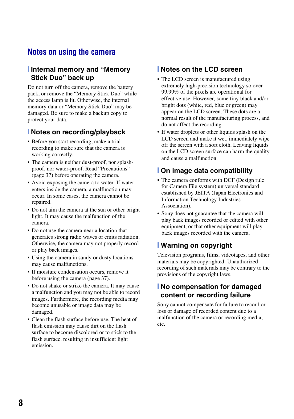 Notes on using the camera | Sony DSC-T300 User Manual | Page 8 / 76