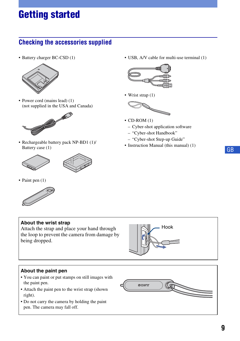 Getting started, Checking the accessories supplied | Sony DSC-T300 User Manual | Page 9 / 76