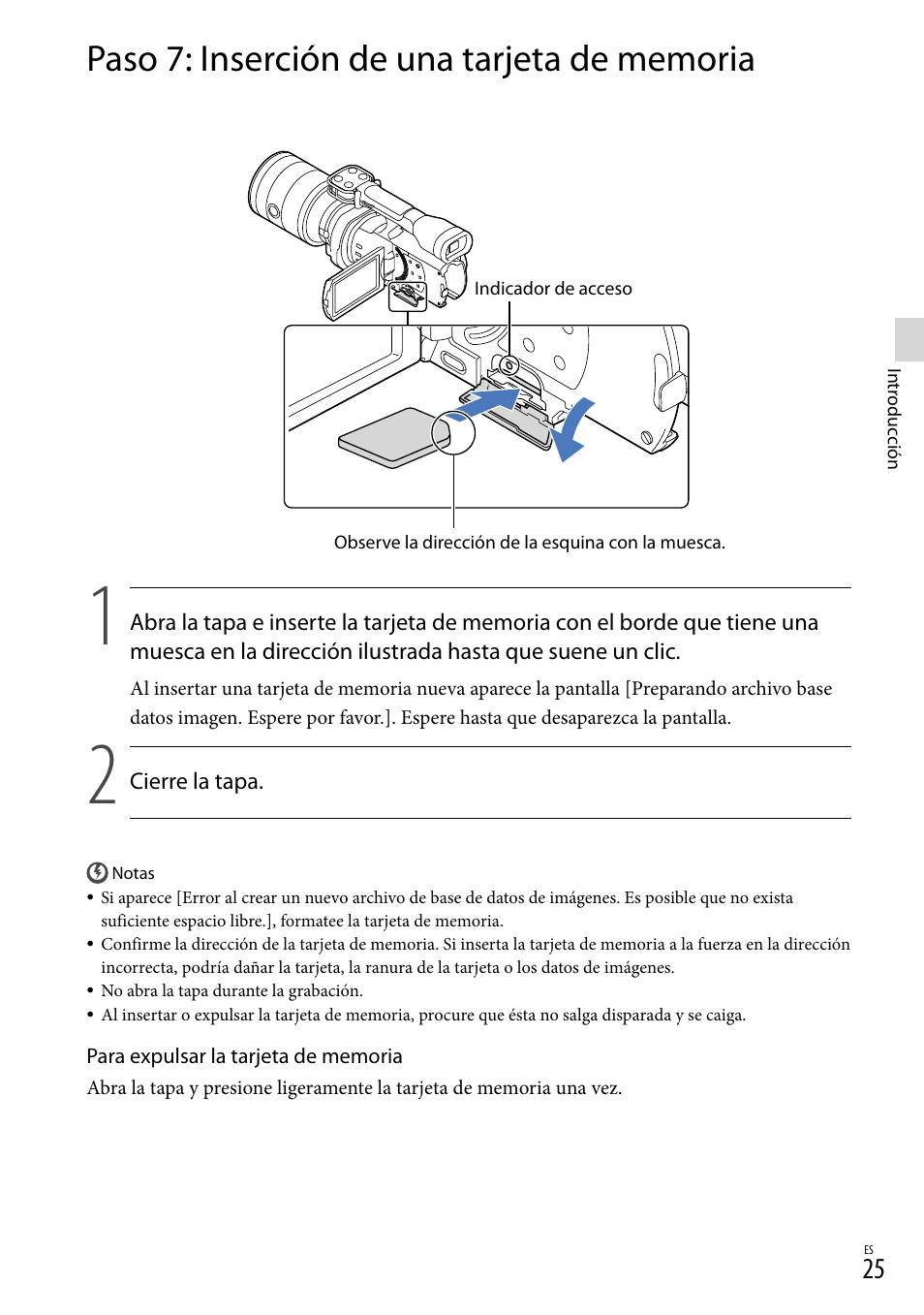 Paso 7: inserción de una tarjeta de memoria | Sony NEX-VG900 User Manual | Page 101 / 151