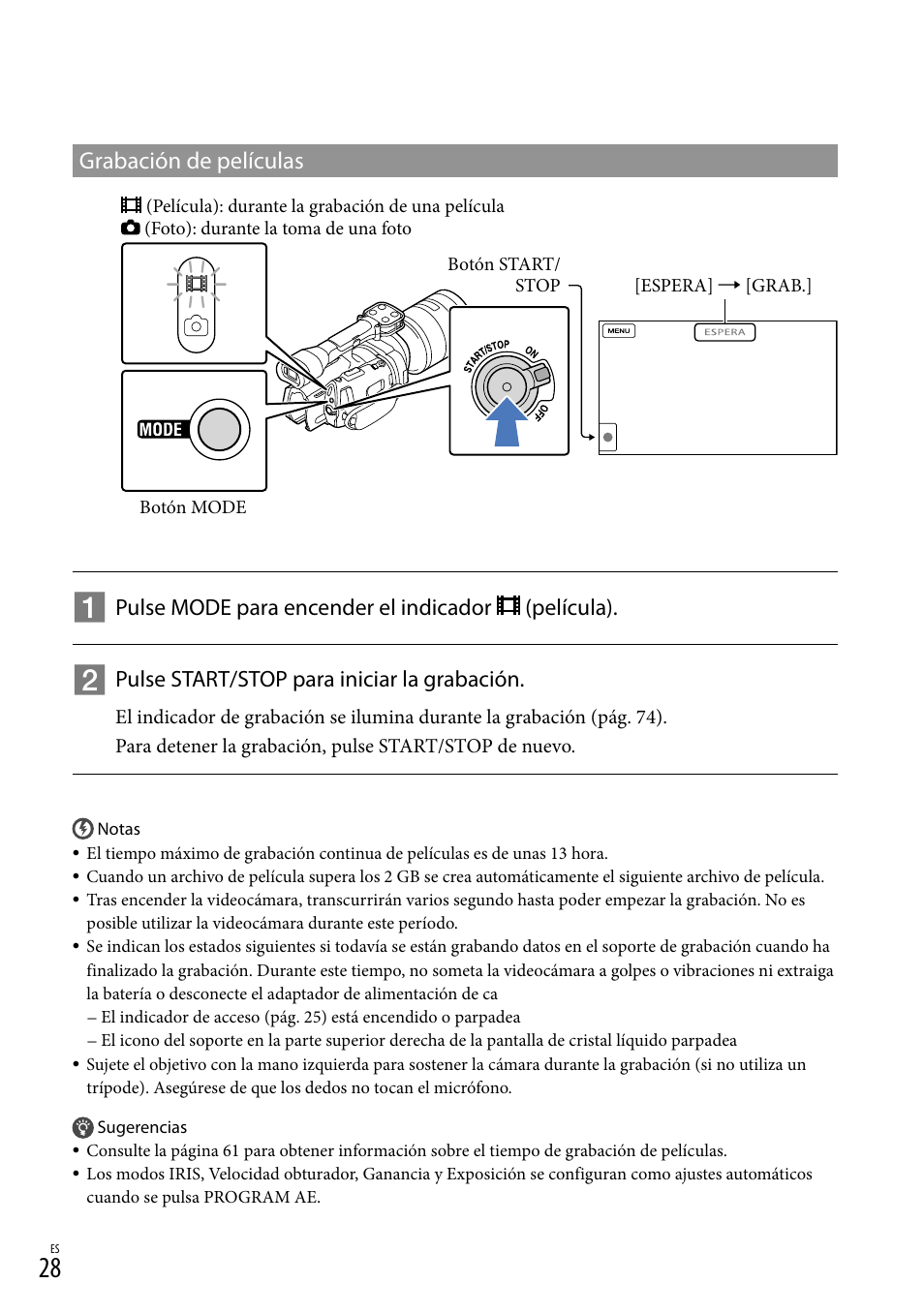 Grabación de películas, Pulse mode para encender el indicador (película), Pulse start/stop para iniciar la grabación | Sony NEX-VG900 User Manual | Page 104 / 151