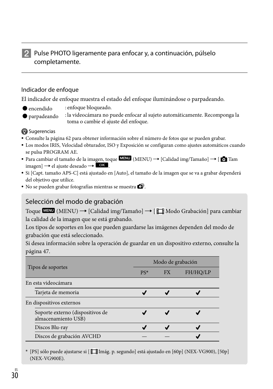 Selección del modo de grabación | Sony NEX-VG900 User Manual | Page 106 / 151