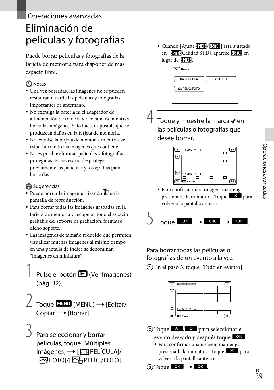 Operaciones avanzadas, Eliminación de películas y fotografías | Sony NEX-VG900 User Manual | Page 115 / 151