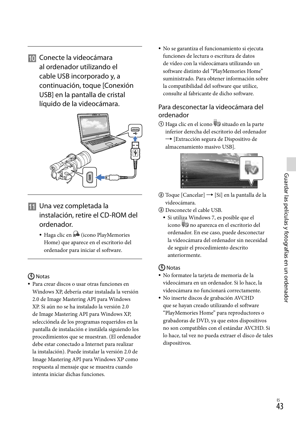 Para desconectar la videocámara del ordenador | Sony NEX-VG900 User Manual | Page 119 / 151