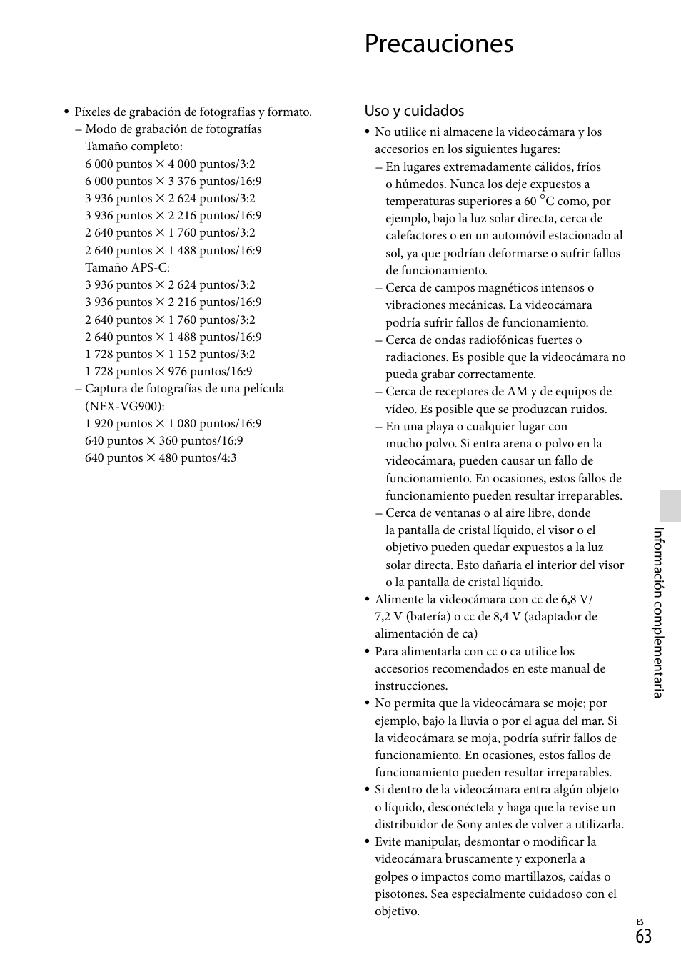 Precauciones, Uso y cuidados | Sony NEX-VG900 User Manual | Page 139 / 151