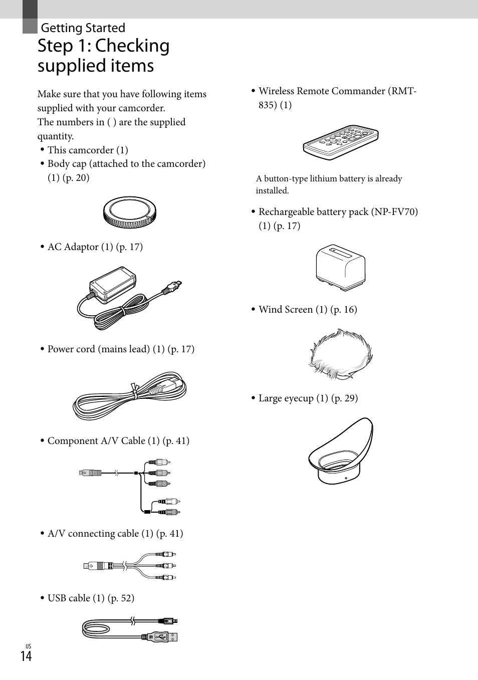 Getting started, Step 1: checking supplied items | Sony NEX-VG900 User Manual | Page 14 / 151