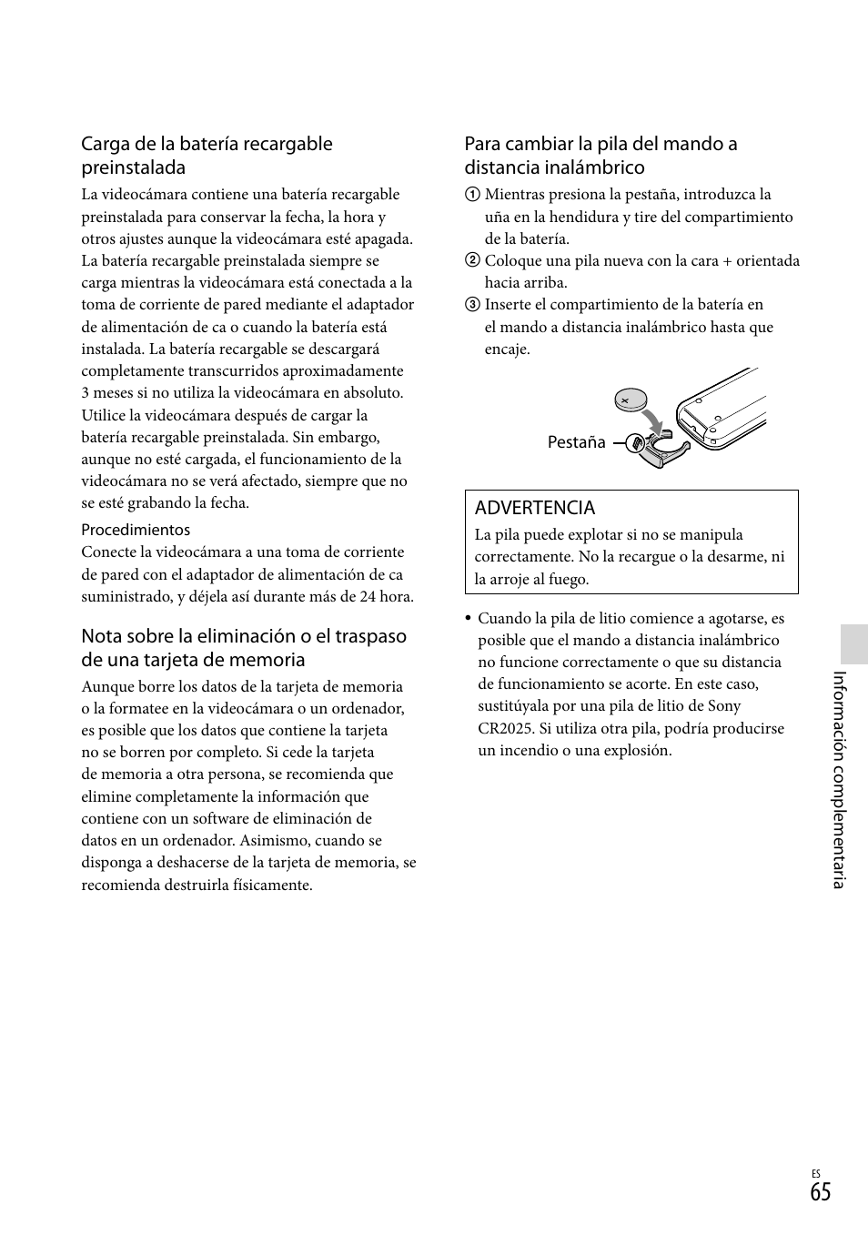 Carga de la batería recargable preinstalada, Advertencia | Sony NEX-VG900 User Manual | Page 141 / 151