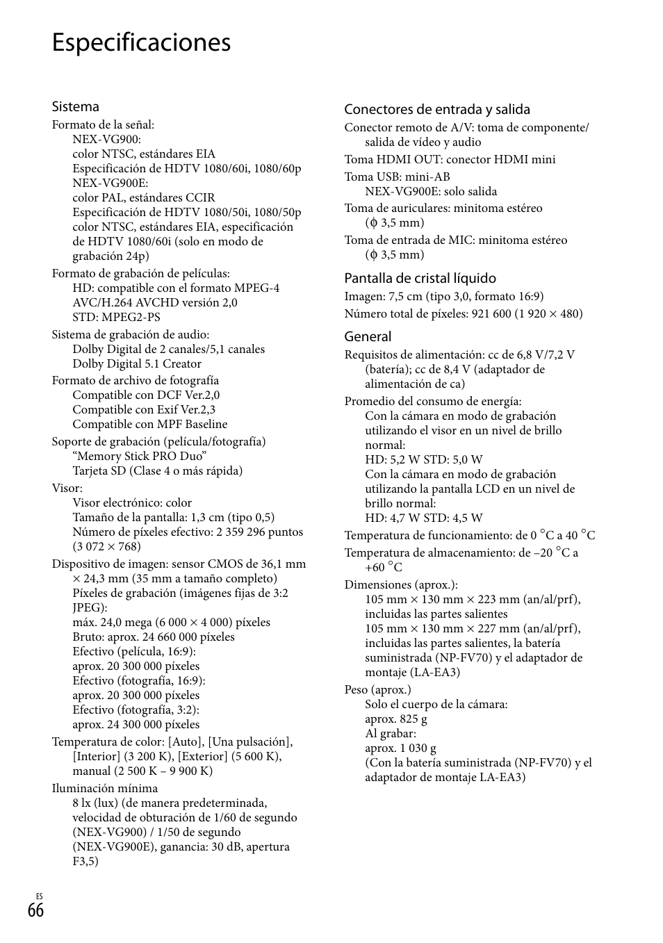 Especificaciones | Sony NEX-VG900 User Manual | Page 142 / 151