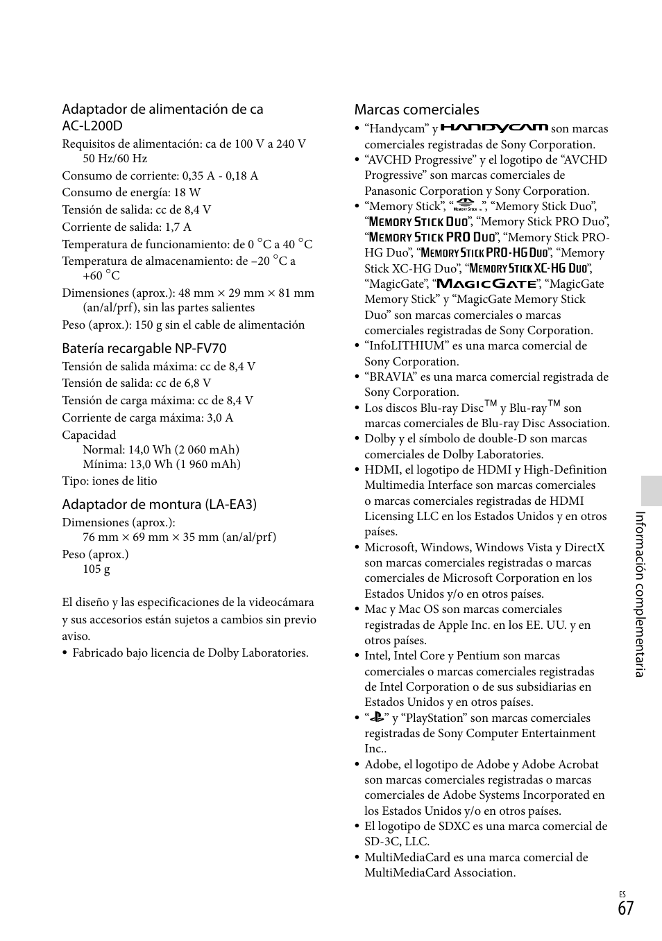 Marcas comerciales, Adaptador de alimentación de ca ac-l200d, Batería recargable np-fv70 | Adaptador de montura (la-ea3) | Sony NEX-VG900 User Manual | Page 143 / 151