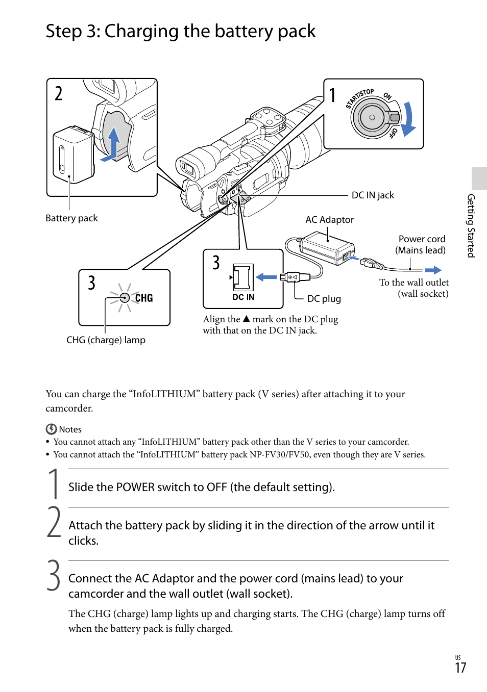 Step 3: charging the battery pack | Sony NEX-VG900 User Manual | Page 17 / 151