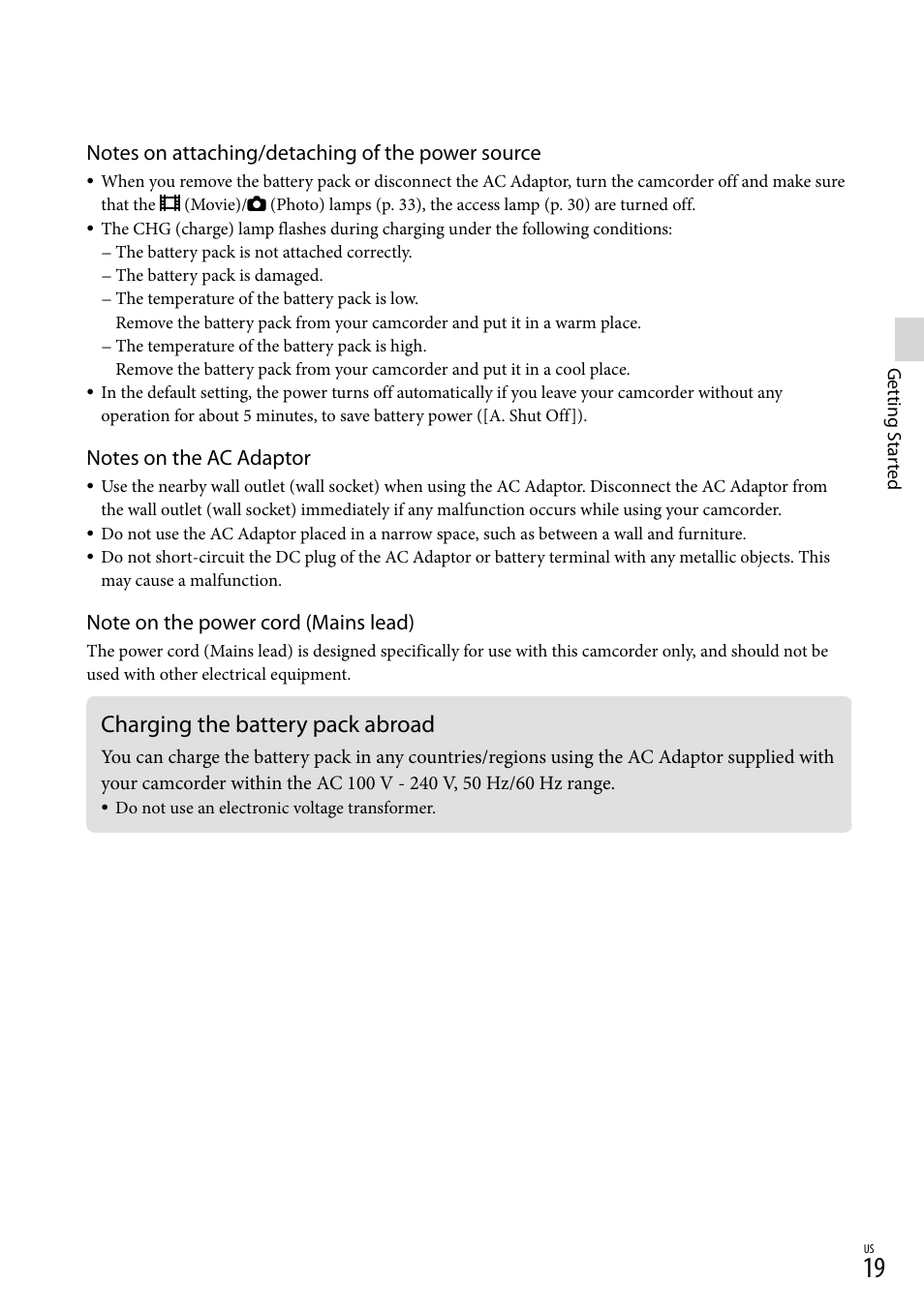 Charging the battery pack abroad | Sony NEX-VG900 User Manual | Page 19 / 151