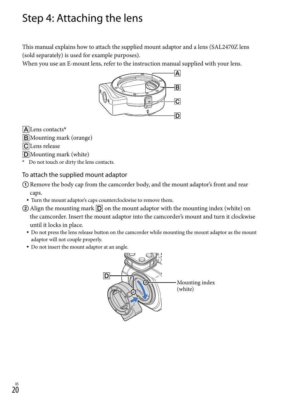 Step 4: attaching the lens | Sony NEX-VG900 User Manual | Page 20 / 151