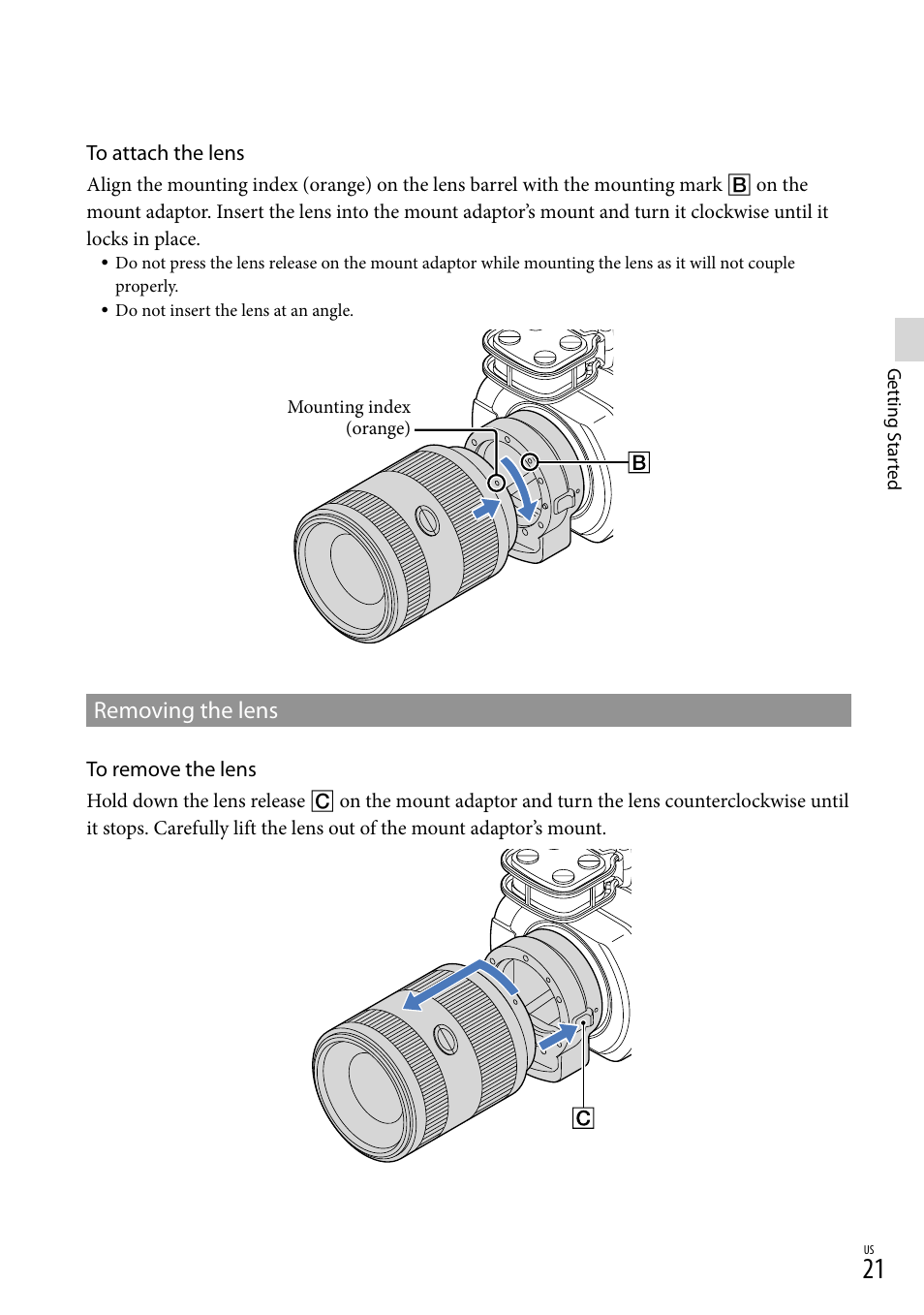 Removing the lens | Sony NEX-VG900 User Manual | Page 21 / 151