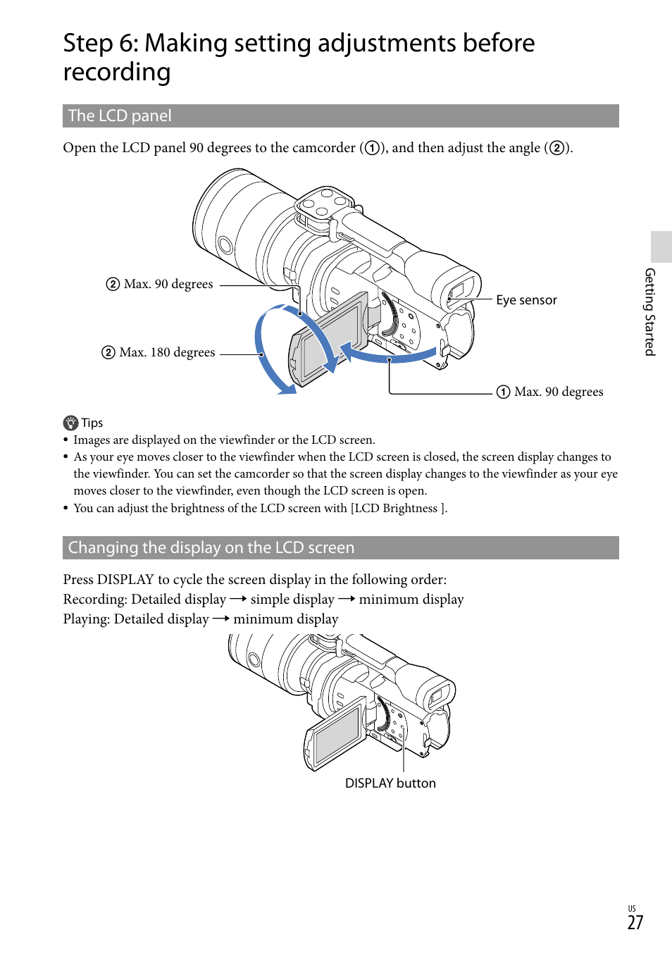 The lcd panel, Changing the display on the lcd screen | Sony NEX-VG900 User Manual | Page 27 / 151