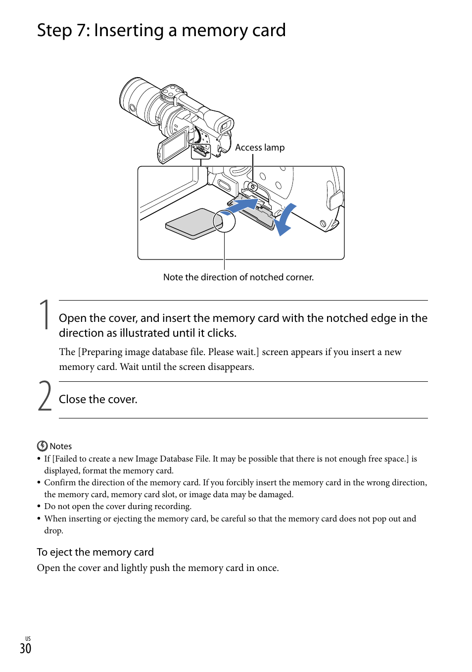 Step 7: inserting a memory card | Sony NEX-VG900 User Manual | Page 30 / 151