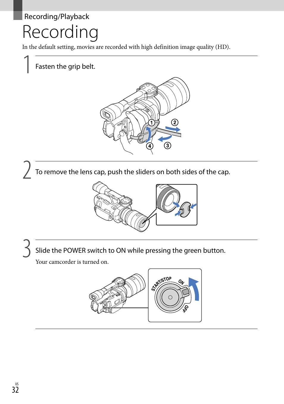 Recording/playback, Recording | Sony NEX-VG900 User Manual | Page 32 / 151