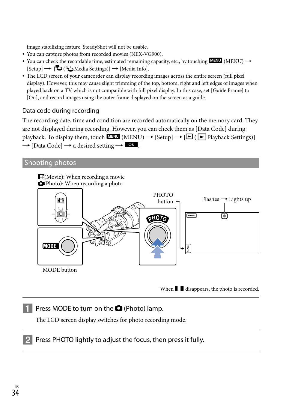 Shooting photos | Sony NEX-VG900 User Manual | Page 34 / 151