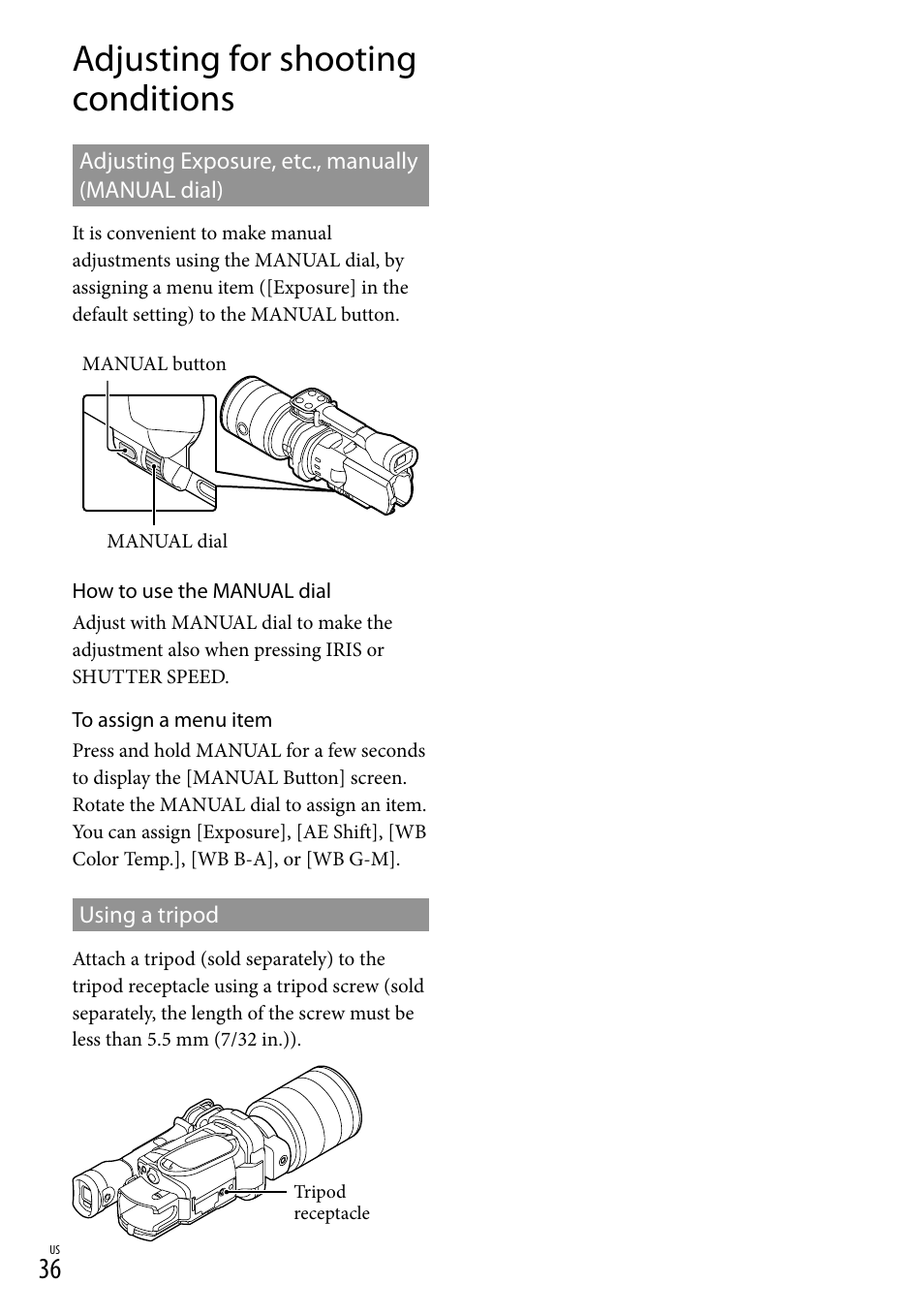 Adjusting for shooting conditions | Sony NEX-VG900 User Manual | Page 36 / 151