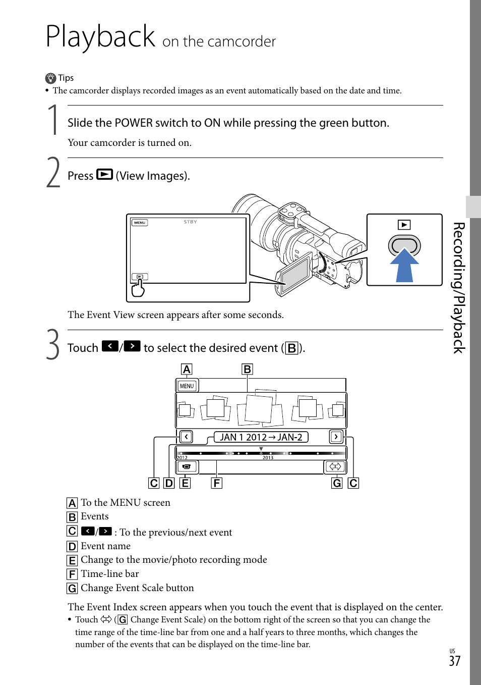 Playback on the camcorder, Playback, Rec or ding/p la yback | On.the.camcorder | Sony NEX-VG900 User Manual | Page 37 / 151