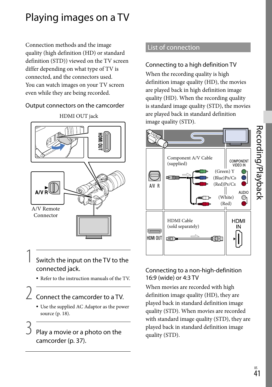 Playing images on a tv, Rec or ding/p la yback | Sony NEX-VG900 User Manual | Page 41 / 151