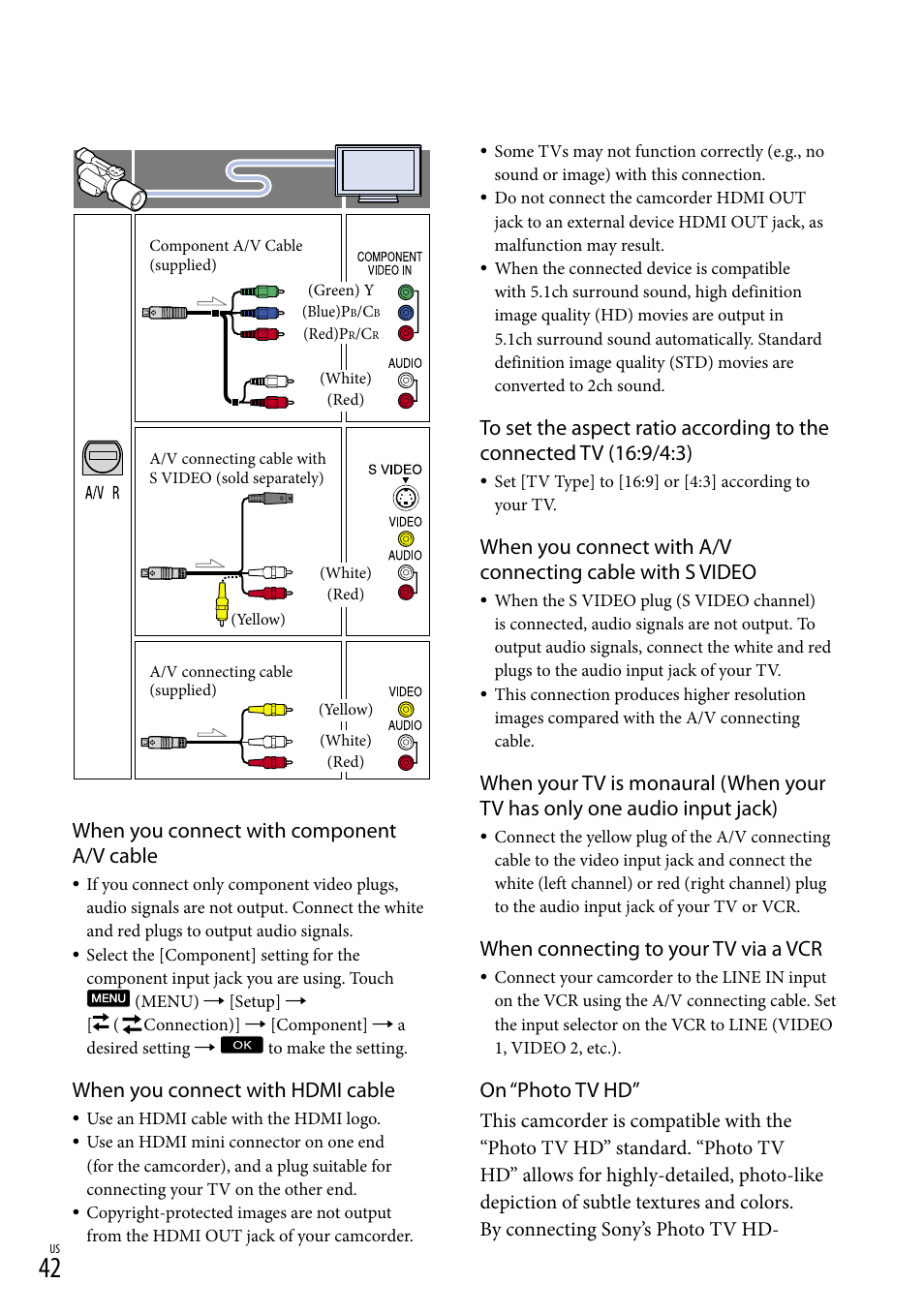 When you connect with component a/v cable, When you connect with hdmi cable, When connecting to your tv via a vcr | On “photo tv hd | Sony NEX-VG900 User Manual | Page 42 / 151