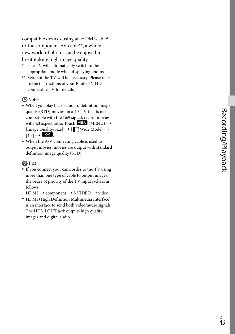 Rec or ding/p la yback | Sony NEX-VG900 User Manual | Page 43 / 151