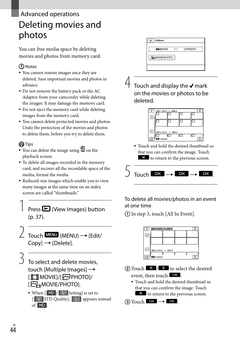 Advanced operations, Deleting movies and photos | Sony NEX-VG900 User Manual | Page 44 / 151