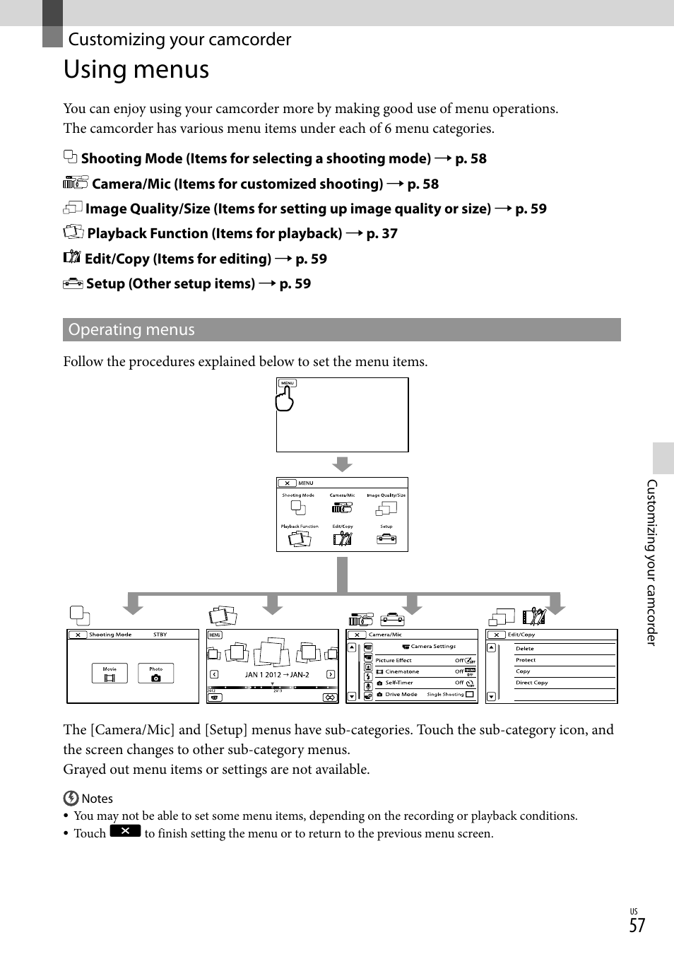 Customizing your camcorder, Using menus | Sony NEX-VG900 User Manual | Page 57 / 151