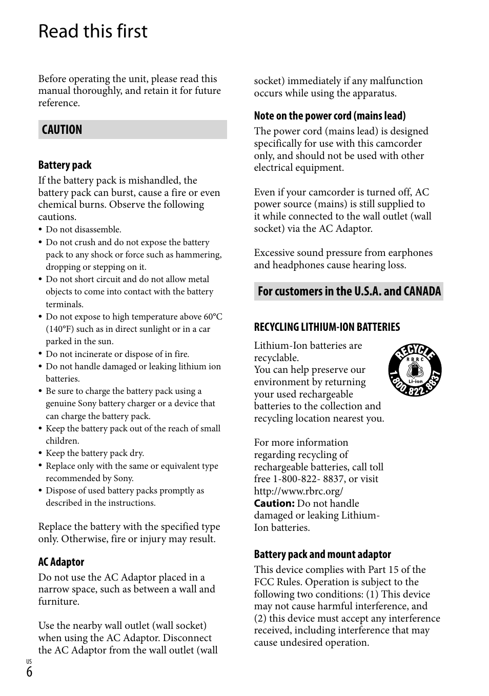 Read this first, Caution, For customers in the u.s.a. and canada | Sony NEX-VG900 User Manual | Page 6 / 151