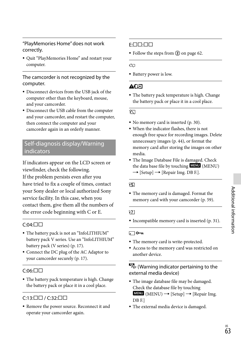 Self-diagnosis display/warning indicators | Sony NEX-VG900 User Manual | Page 63 / 151